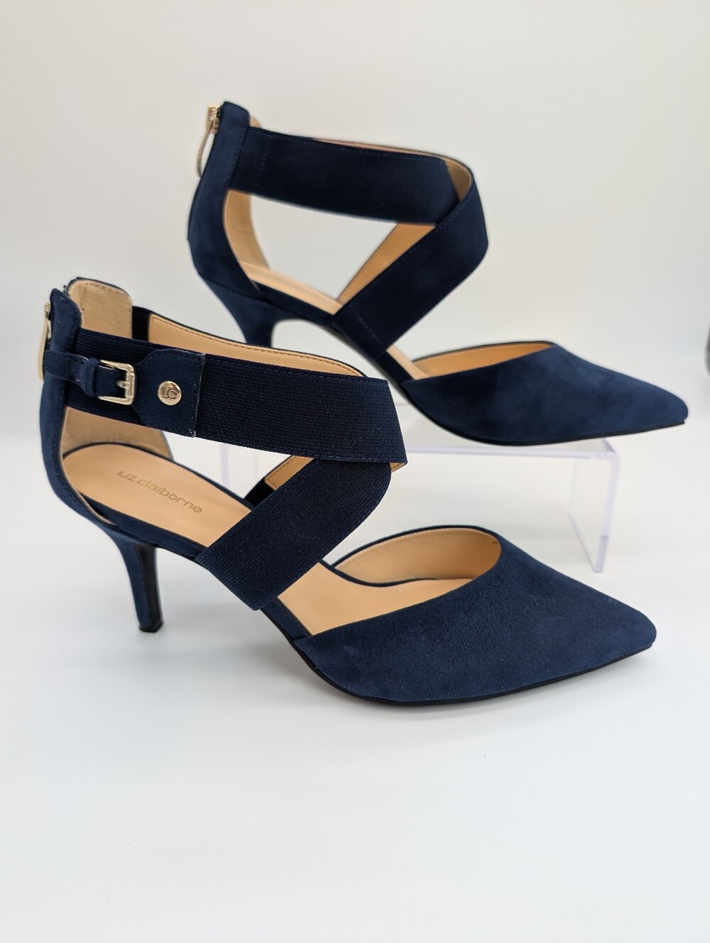 Liz Claiborne Keegan Navy Blue Suede Crossover Strap Stiletto Heels EUC - Picture 4 of 10
